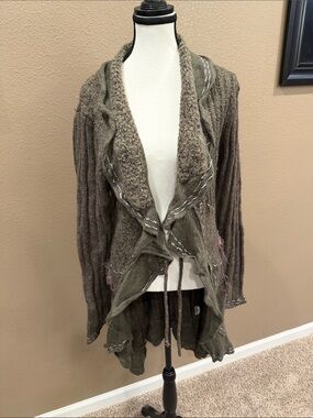 Layered Olive Knit Open-Front Cardigan with Drape
